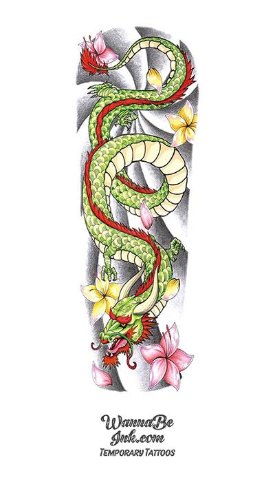 Ancient Asian Style Green and Red Dragon with Pink and Yellow Lotus Temporary Sleeve Tattoos