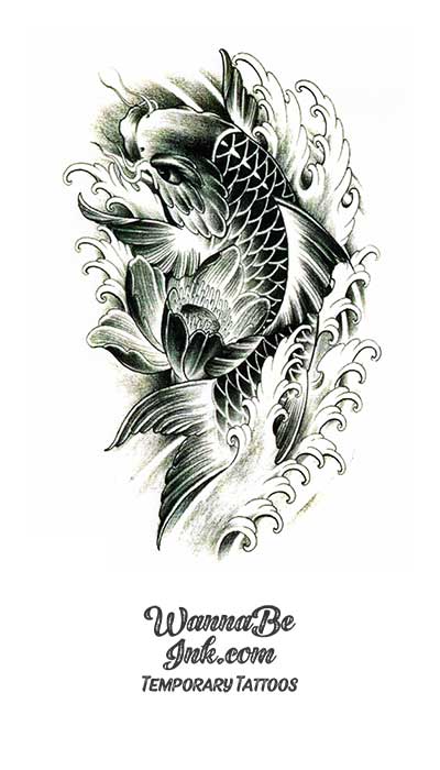 Black and White Koi in Waves Best Temporary Tattoos
