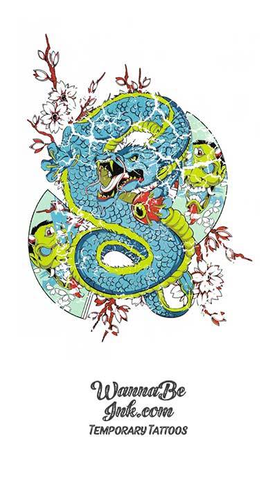 Blue and Green Serpent Wrapped In Cherry Blossoms Best Temporary Tattoos