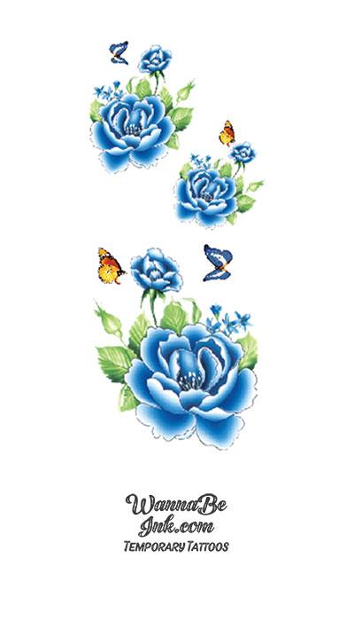 Blue Flowers with Butterflies Flower Temporary Tattoos