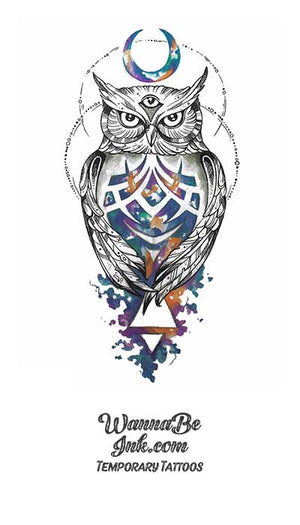 Blue Jeweled Owl Under Crescent Moon Best Temporary Tattoos