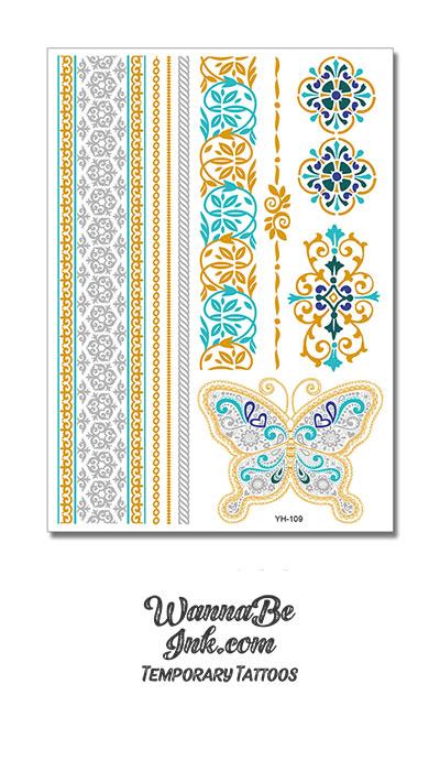 Butterfly with Light and Dark Blue and Woven Floral Patterns Metallic Temporary Tattoos