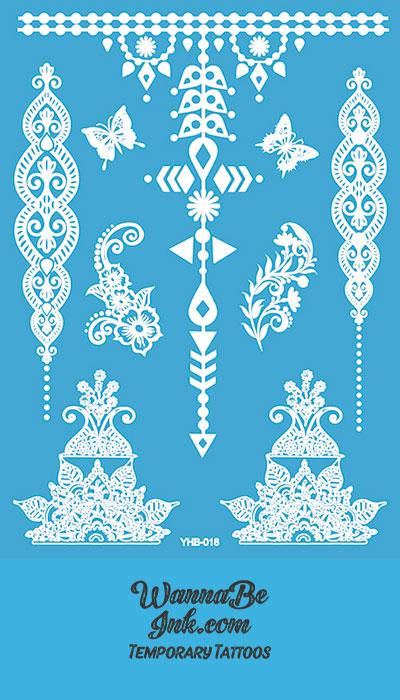 Butterfly Floral and Geometric Pattern Henna Style White Temporary Tattoo Sheet