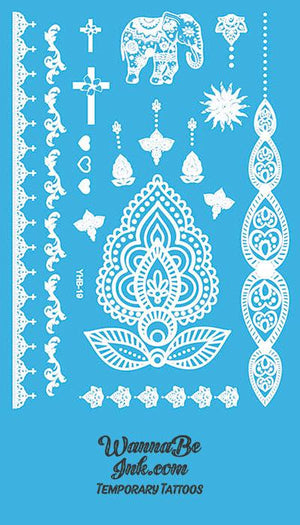 Indian Elephant Cross Heart Flower Henna Style White Temporary Tattoo Sheet