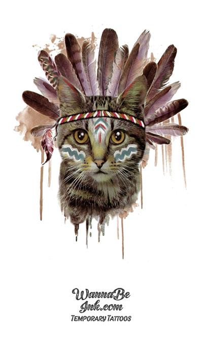 Indian Kitty With Feather Headdress Best Temporary Tattoos