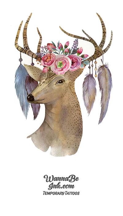 Light Brown Deer With Pink Roses In Antlers and Feathers Best Temporary Tattoos