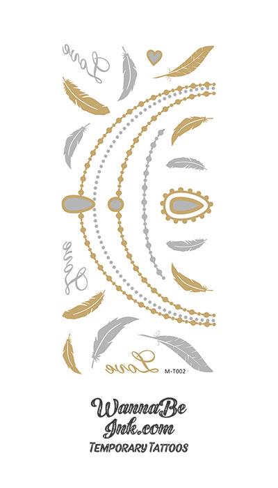"Love" Silver and Gold Feather and Necklace Metallic Temporary Tattoos