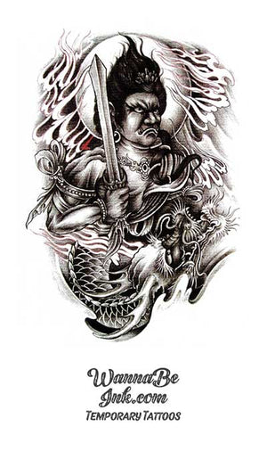 Moon Behind Mongol Warrior Holding Sword with Dragon Best Temporary Tattoos