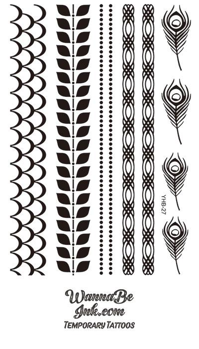 Peacock Feather Interwoven Pattern Henna Style Black Temporary Tattoo Sheet