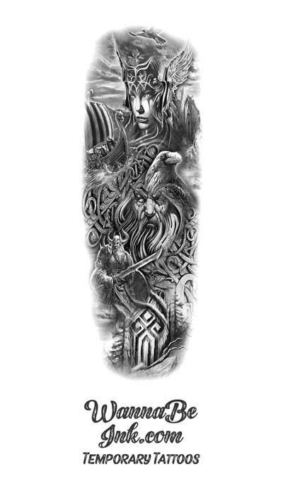 Sorceress Wizard Crow Vikings Filigree Temporary Sleeve Tattoos