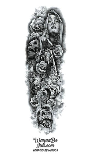 Virgin Mary Skull Woman on Motorcycle Roses Vine Temporary Sleeve Tattoos