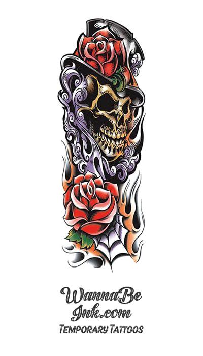 Voodoo Skull with Roses Spider Web and Fire Temporary Sleeve Tattoos