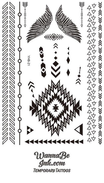 Wings Arrows Native American Triangle Geometric Henna Style Black Temporary Tattoo Sheet