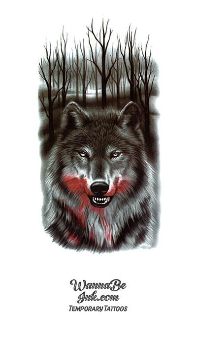Wolf In Gray Forest With Bloody Mouth Best Temporary Tattoos