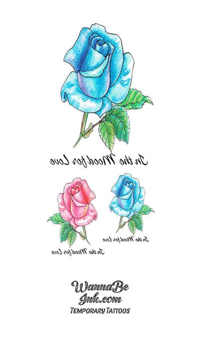 2 Blue Roses and Pink Rose Bud Flower Temporary Tattoos