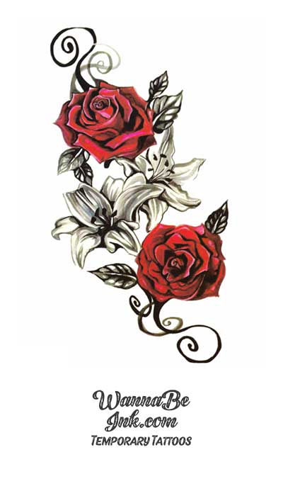 2 Red Roses 2 White Lillies Best Temporary Tattoos| WannaBeInk.com