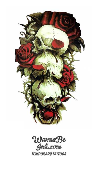 3 Skulls With Roses Best Temporary Tattoos