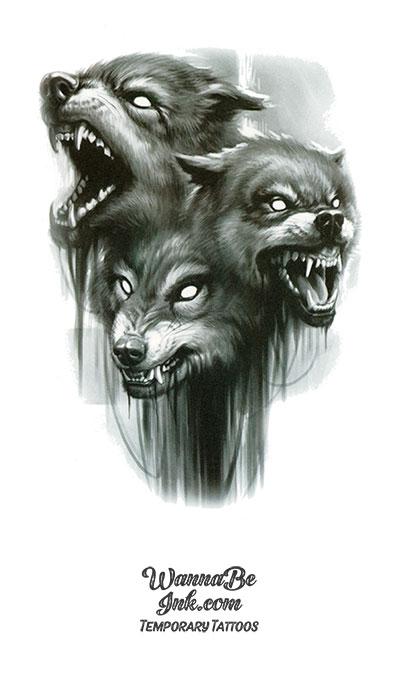 3 Snarling Gray Wolves Best Temporary Tattoos