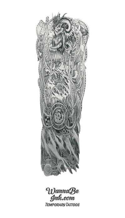African Inspired Lion Animal Skull with Gears Under Skin Temporary Sleeve Tattoos