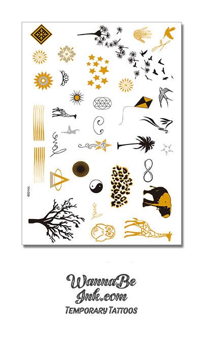African Savannah Animals and Birds in Black and Gold Metallic Temporary Tattoos