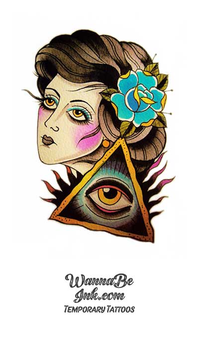 All Seeing Eye Blue Flower and Woman Best Temporary Tattoos