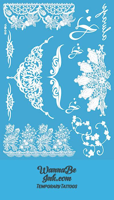 "Always" Floral Tribal Intricate Pattern Henna Style White Temporary Tattoo Sheet