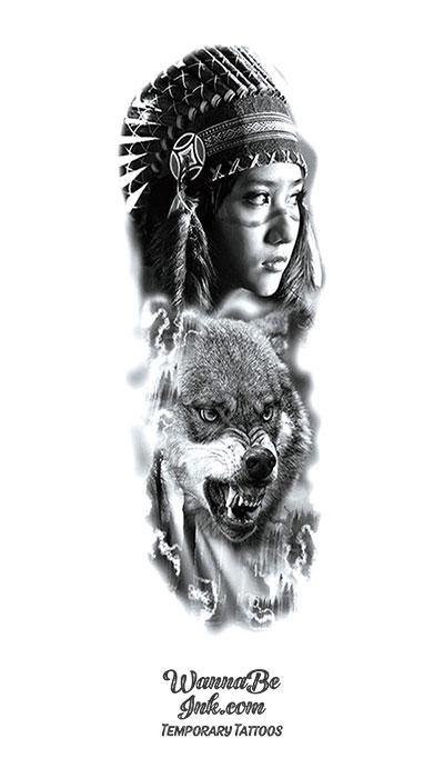 American Indian Woman Wolf Snarling Sky Temporary Sleeve Tattoos