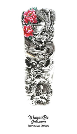 Ancient Asian Dragon Demons with Pink Flowers Temporary Sleeve Tattoos
