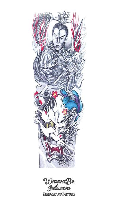 Ancient Asian Kabuki Dragon with Warlord Temporary Sleeve Tattoos