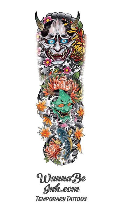 Ancient Asian Kabuki Style Demons with Colorful Koi Fish and Flowers Temporary Sleeve Tattoos