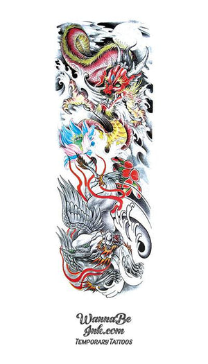 Ancient Asian Red Dragon Blue and Red Flowers and Demon Temporary Sleeve Tattoos
