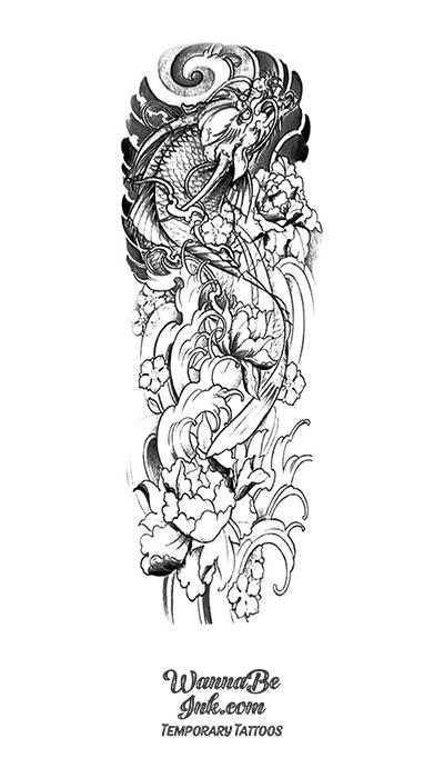 Ancient Asian Style Black and White Dragon with Flowers Temporary Sleeve Tattoos