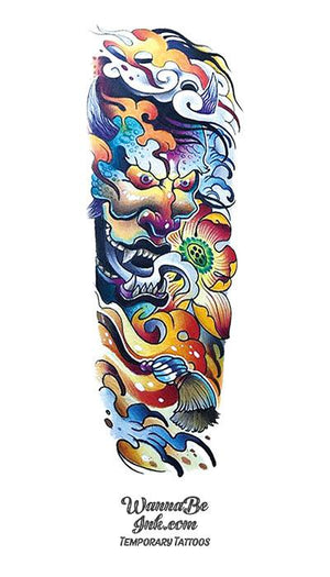 Ancient Asian Style Colorful Kabuki Demon with Lotus Flowers Temporary Sleeve Tattoos
