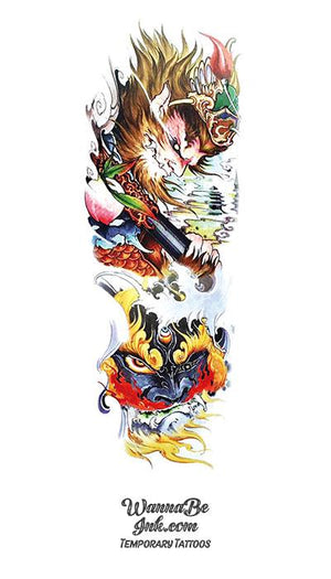 Ancient Asian Style Demons with Pagoda Reflected in Water Temporary Sleeve Tattoos