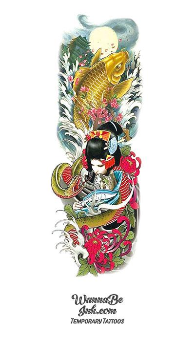 Ancient Asian Style Golden Koi Fish Beautiful Woman with Serpent Pagoda Temporary Sleeve Tattoos