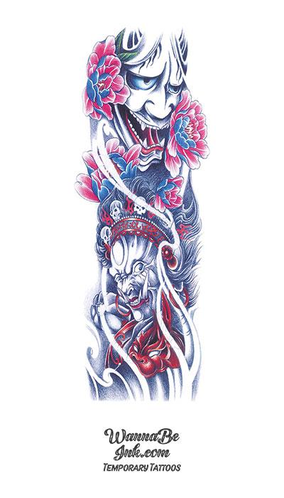 Ancient Asian Style Kabuki Demons with Red Dragon Temporary Sleeve Tattoos
