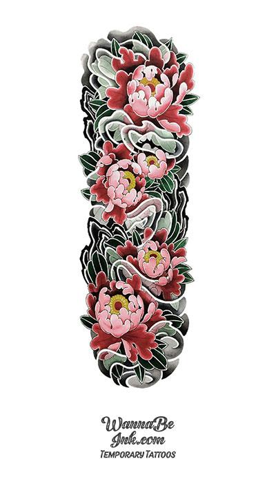 Ancient Asian Style Red and Pink Lotus Flowers Temporary Sleeve Tattoos