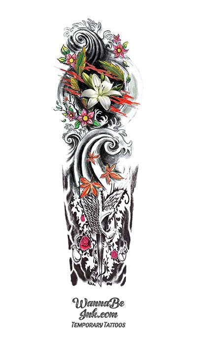 Ancient Japanese Style Dagger Dove Roses Lilly Waves Temporary Sleeve Tattoos