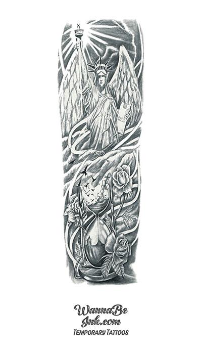 Angel Statue of Liberty with Roses Hour Glass and Birds Temporary Sleeve Tattoos