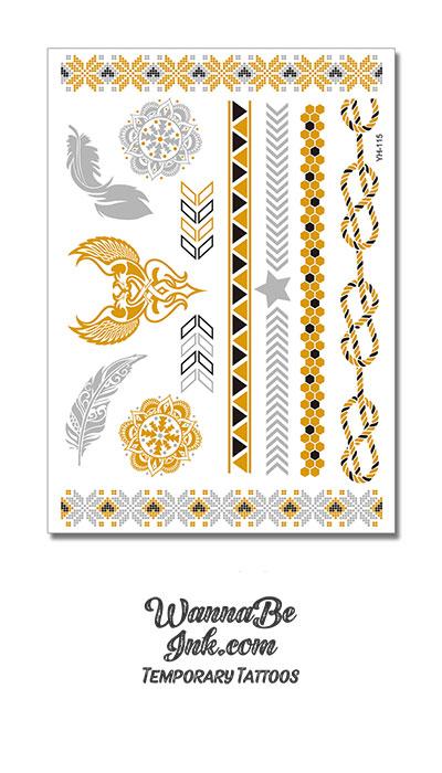 Angel Winged Hearts Feathers and Knotted Cord Metallic Temporary Tattoos