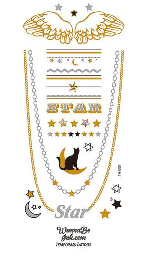 Angel Wings and Cat on the Moon Gold Temporary Tattoos