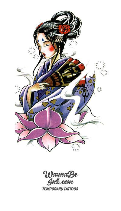 Animated Geisha and Lotus Flower Best temporary tattoos