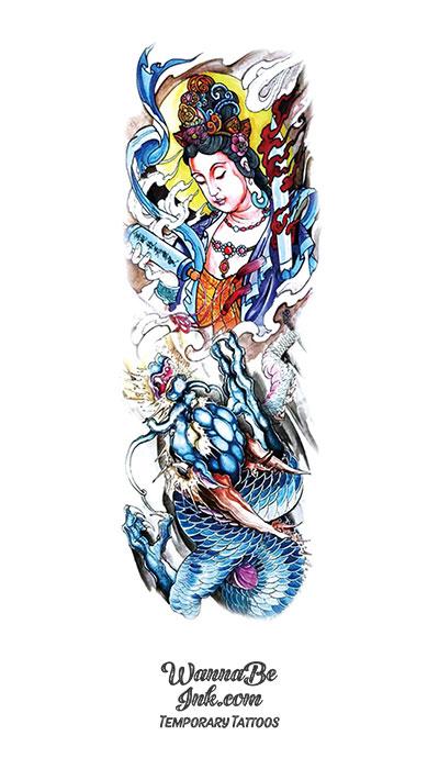 Asian Goddess Scroll Blue Dragon Temporary Sleeve Tattoos