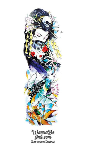 Asian Princess Blue Koi Fish and Flowers Temporary Sleeve Tattoos
