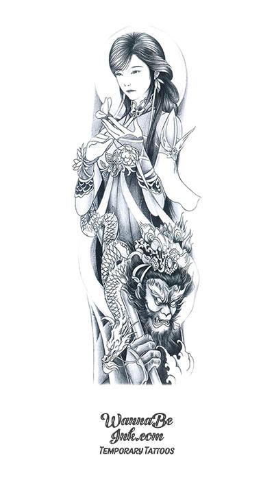 Asian Sorceress with Butterflies Lotus Monkey Warrior and Dragon Temporary Sleeve Tattoos