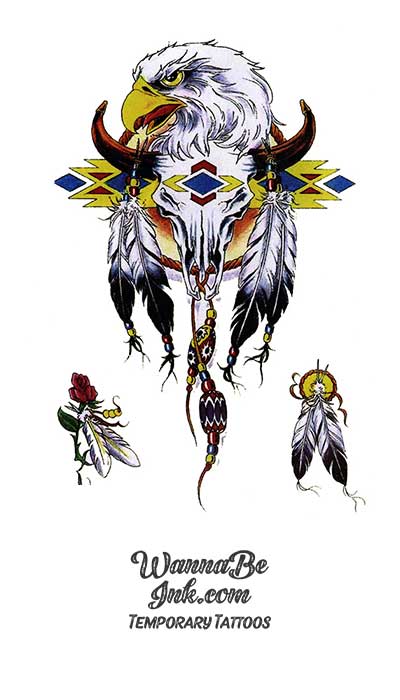 Bald Eagle Longhorn Skull and Feathers Best Temporary tattoos