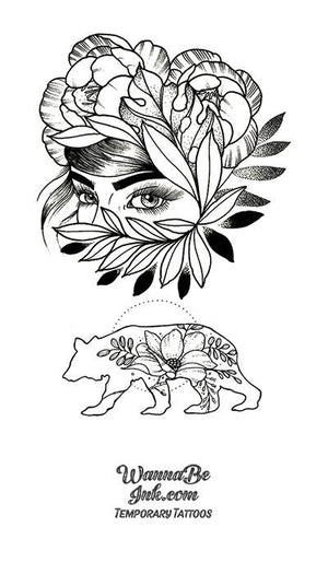 Bear From Flowers and Eyes Hidden in Flower Bunch Best Temporary Tattoos