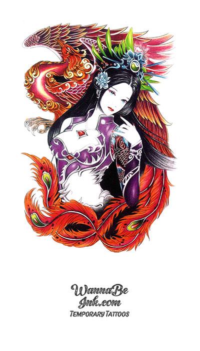 Beautiful Asian Princess And Red Feathered Dragon Best Temporary Tattoos