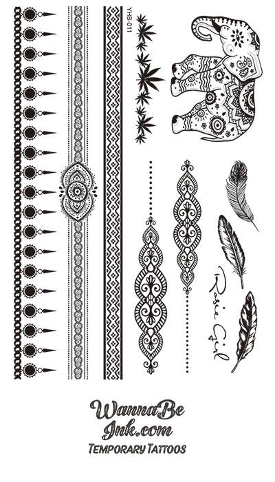 Beautiful Indian Elephant Cannabis Feather Pattern Black Henna Style Black Temporary Tattoo Sheet