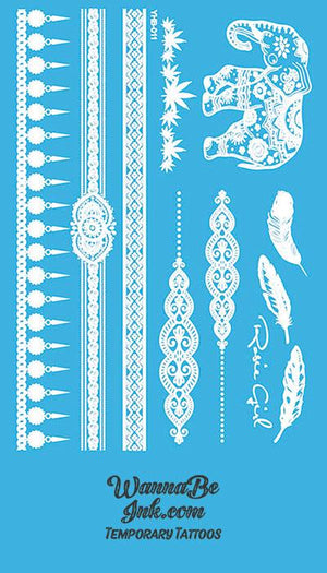 Beautiful Indian Elephant Cannabis Feather Pattern White Henna Style White Temporary Tattoo Sheet